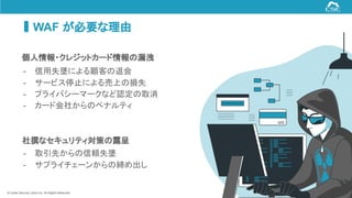 © Cyber Security Cloud Inc. All Rights Reserved.
WAF が必要な理由
16
- 信用失墜による顧客の退会
- サービス停止による売上の損失
- プライバシーマークなど認定の取消
- カード会社からのペナルティ
- 取引先からの信頼失墜
- サプライチェーンからの締め出し
個人情報・クレジットカード情報の漏洩
杜撰なセキュリティ対策の露呈
 