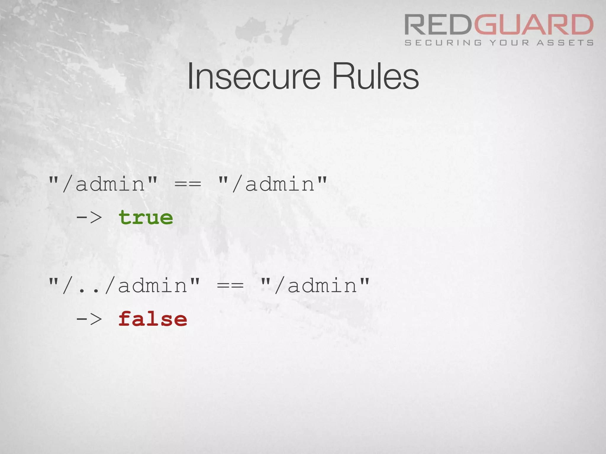 Insecure Rules
"/admin" == "/admin"
-> true
"/../admin" == "/admin"
-> false
 