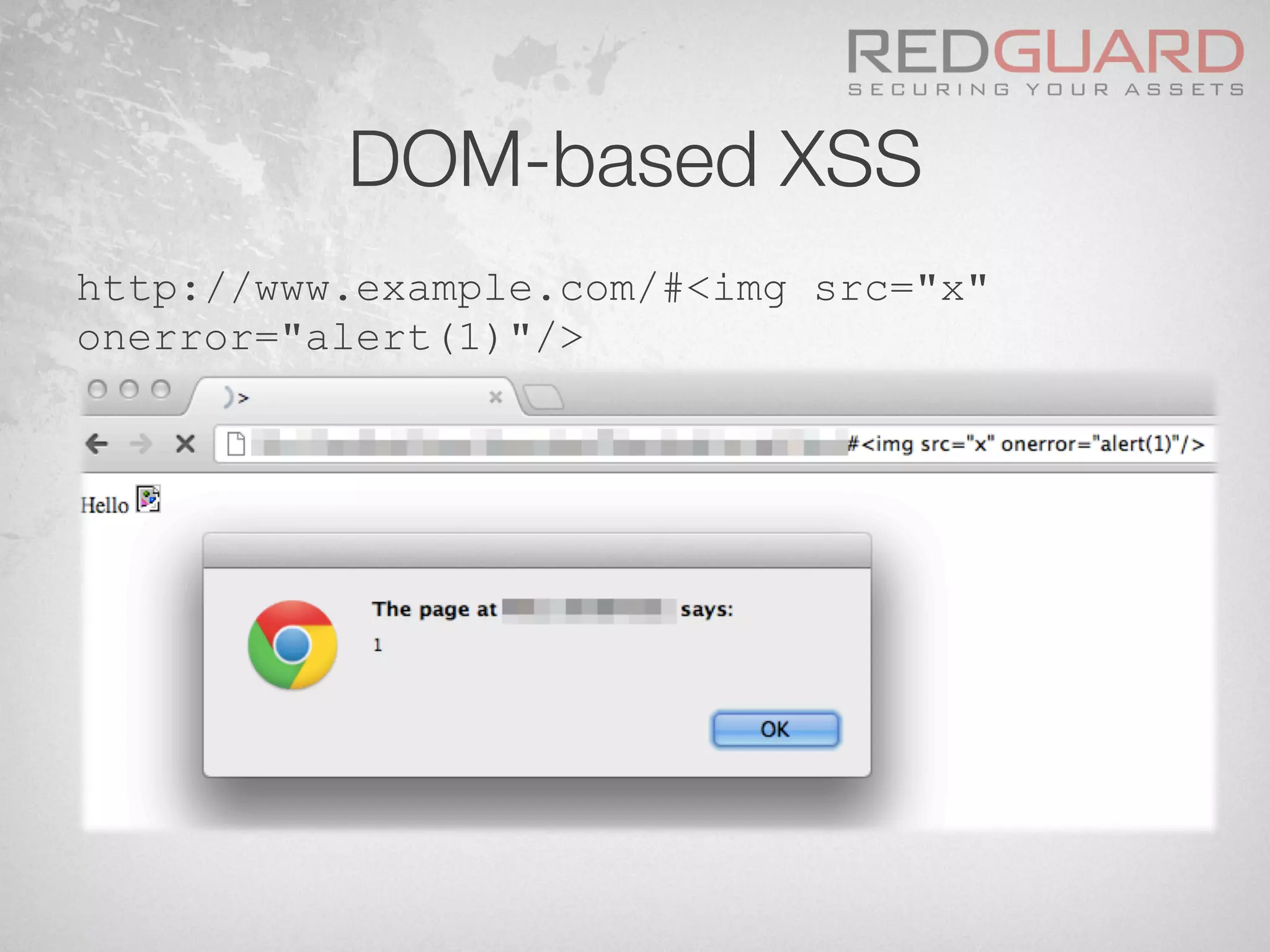 DOM-based XSS
http://www.example.com/#<img src="x"
onerror="alert(1)"/>
 