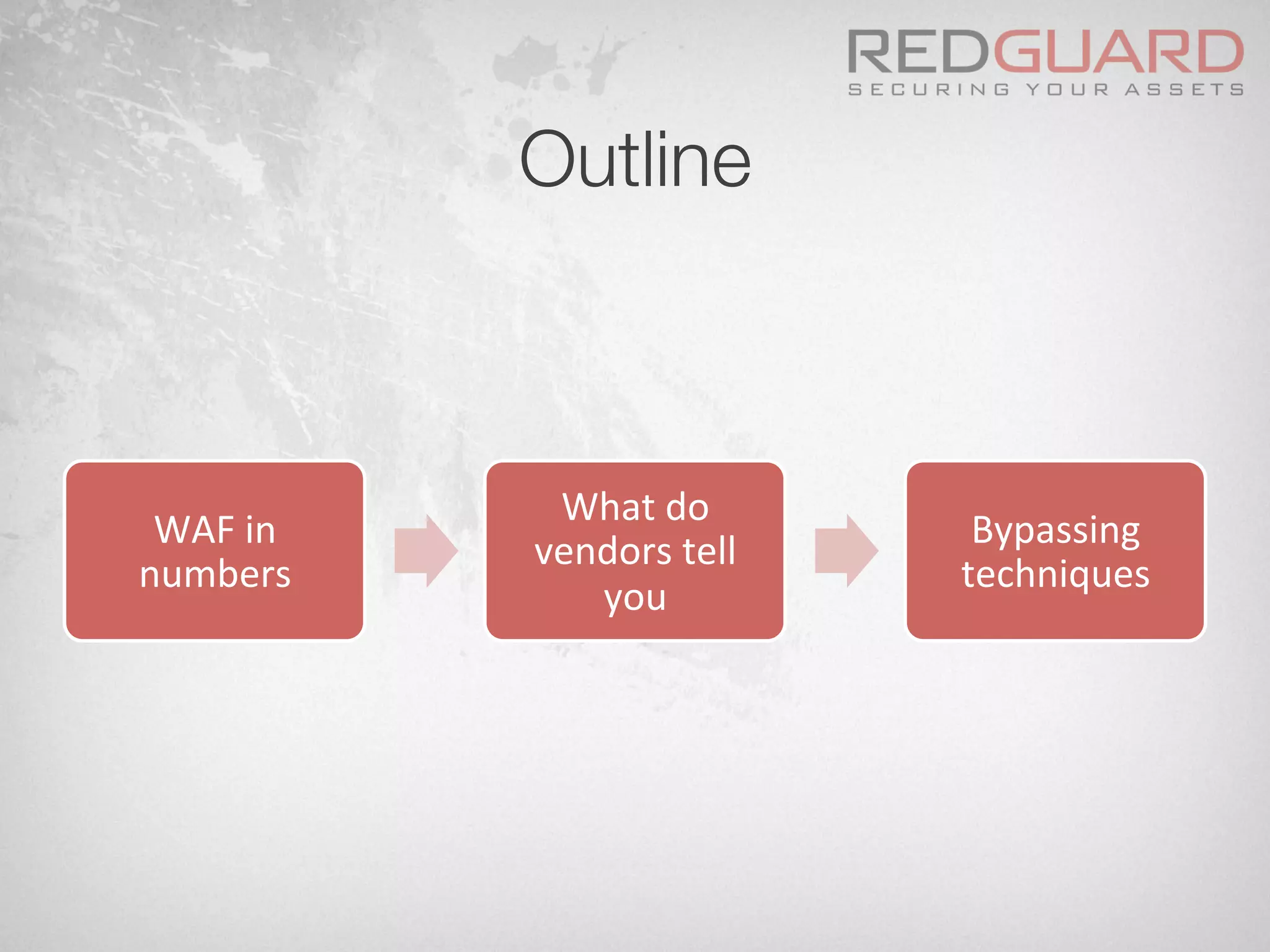 Outline
WAF	
  in	
  
numbers	
  
What	
  do	
  
vendors	
  tell	
  
you	
  
Bypassing	
  
techniques	
  
 