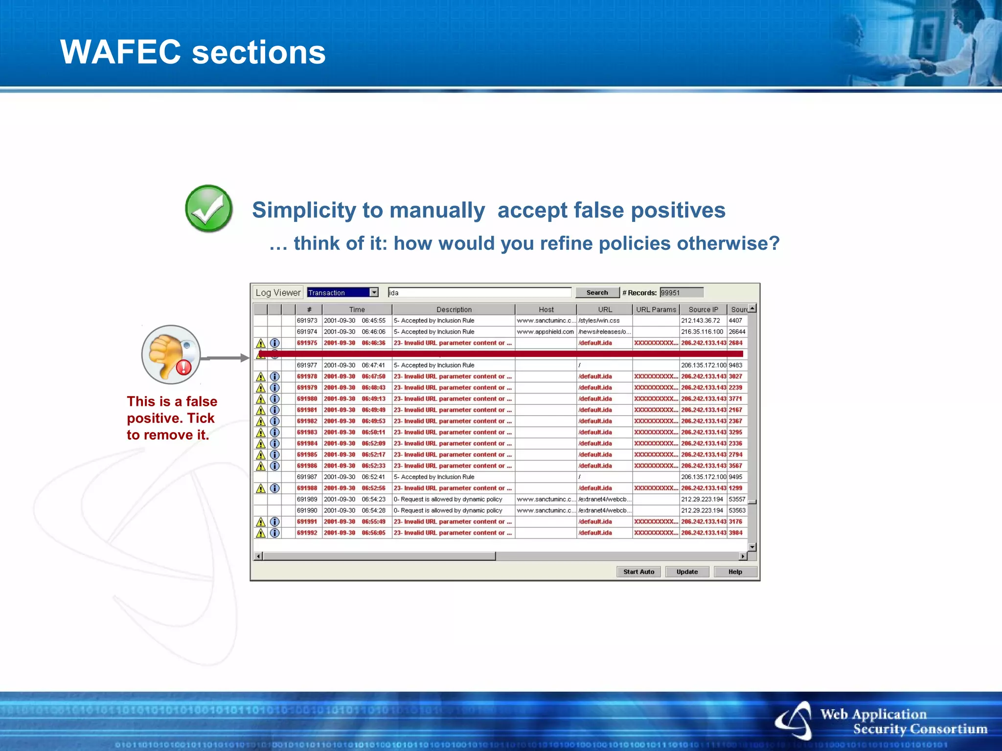 WAFEC sections



                     Simplicity to manually accept false positives
                      … think of it: how would you refine policies otherwise?




   This is a false
   positive. Tick
   to remove it.
 
