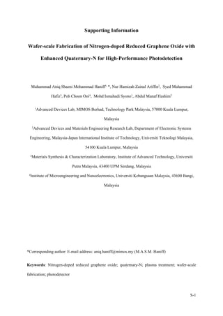 S-1
Supporting Information
Wafer-scale Fabrication of Nitrogen-doped Reduced Graphene Oxide with
Enhanced Quaternary-N for High-Performance Photodetection
Muhammad Aniq Shazni Mohammad Haniff1, *, Nur Hamizah Zainal Ariffin2, Syed Muhammad
Hafiz3, Poh Choon Ooi4, Mohd Ismahadi Syono1, Abdul Manaf Hashim2
1Advanced Devices Lab, MIMOS Berhad, Technology Park Malaysia, 57000 Kuala Lumpur,
Malaysia
2Advanced Devices and Materials Engineering Research Lab, Department of Electronic Systems
Engineering, Malaysia-Japan International Institute of Technology, Universiti Teknologi Malaysia,
54100 Kuala Lumpur, Malaysia
3Materials Synthesis & Characterization Laboratory, Institute of Advanced Technology, Universiti
Putra Malaysia, 43400 UPM Serdang, Malaysia
4Institute of Microengineering and Nanoelectronics, Universiti Kebangsaan Malaysia, 43600 Bangi,
Malaysia
*Corresponding author: E-mail address: aniq.haniff@mimos.my (M.A.S.M. Haniff)
Keywords: Nitrogen-doped reduced graphene oxide; quaternary-N; plasma treatment; wafer-scale
fabrication; photodetector
 