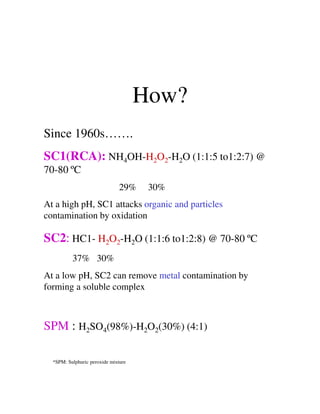 How?
Since 1960s…….
SC1(RCA): NH4OH-H2O2-H2O (1:1:5 to1:2:7) @
70-80 ºC
29% 30%
At a high pH, SC1 attacks organic and particlesAt a high pH, SC1 attacks organic and particles
contamination by oxidation
SPM : H2SO4(98%)-H2O2(30%) (4:1)
SC2: HC1- H2O2-H2O (1:1:6 to1:2:8) @ 70-80 ºC
37% 30%
At a low pH, SC2 can remove metal contamination by
forming a soluble complex
*SPM: Sulphuric peroxide mixture
 