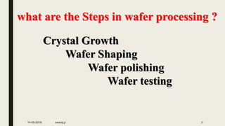 what are the Steps in wafer processing ?
Crystal Growth
Wafer Shaping
Wafer polishing
Wafer testing
14-05-2016 swaraj.p 3
 