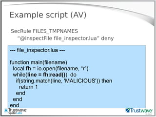 © 2012
Example script (AV)
SecRule FILES_TMPNAMES
“@inspectFile file_inspector.lua” deny
--- file_inspector.lua ---
function main(filename)
local fh = io.open(filename, “r”)
while(line = fh:read()) do
if(string.match(line, 'MALICIOUS')) then
return 1
end
end
end
 