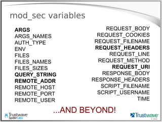 © 2012
mod_sec variables
REQUEST_BODY
REQUEST_COOKIES
REQUEST_FILENAME
REQUEST_HEADERS
REQUEST_LINE
REQUEST_METHOD
REQUEST_URI
RESPONSE_BODY
RESPONSE_HEADERS
SCRIPT_FILENAME
SCRIPT_USERNAME
TIME
ARGS
ARGS_NAMES
AUTH_TYPE
ENV
FILES
FILES_NAMES
FILES_SIZES
QUERY_STRING
REMOTE_ADDR
REMOTE_HOST
REMOTE_PORT
REMOTE_USER
...AND BEYOND!
 