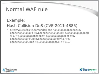 © 2012
Normal WAF rule
Example:
Hash Collision DoS (CVE-2011-4885)

http://yourwebsite.com/index.php?EzEzEzEzEzEzEzEz=&
EzEzEzEzEzEzEzFY =&EzEzEzEzEzEzEzG8= &EzEzEzEzEzEzEzH
%17=&EzEzEzEzEzEzFYEz= &EzEzEzEzEzEzFYFY=&
EzEzEzEzEzEzFYG8=&EzEzEzEzEzEzFYH%17=&
EzEzEzEzEzEzG8Ez =&EzEzEzEzEzEzG8FY=& ...
 
