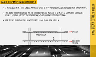 INTRODUCTION
TO
WAFFLE
SLAB
IMPACT
SCHOOL
OF
ARCHITECTURE
➢ A WAFFLE SLAB WITH A 40+5 CM EDGE MAY REACH SPANS OF 11 (+-1M) FOR SERVICE OVERLOADS BETWEEN 3 AND 4 kN/m2 ,
➢ THIS BEING BROUGHT BACK TO 8 M IF THE SERVICES OVERLOAD INCREASE TO 10 kN/m2 .(A COMMERCIAL SURFACE IS
USUALLY ASSIGNED A SERVICE OVERLOAD OF 5kN/m2 AND CONCENTRATED LOADS OF 7 kN).
➢ FOR SERVICE OVERLOADS THAT DO NOT EXCEED 5 kN/m2 RANGE FROM 5 TO 12 M.
DOME DEPTH
20-51 CM
SPAN/24
DOMES 48-76 CM
 