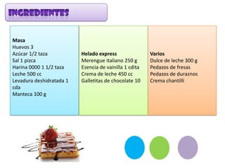 Masa
Huevos 3
Azúcar 1/2 taza
Sal 1 pizca
Harina 0000 1 1/2 taza
Leche 500 cc
Levadura deshidratada 1
cda
Manteca 100 g
Varios
Dulce de leche 300 g
Pedazos de fresas
Pedazos de duraznos
Crema chantillí
Helado express
Merengue italiano 250 g
Esencia de vainilla 1 cdita
Crema de leche 450 cc
Galletitas de chocolate 10