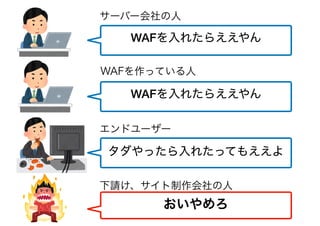 サーバー会社の人
WAFを作っている人
エンドユーザー
WAFを入れたらええやん
WAFを入れたらええやん
タダやったら入れたってもええよ
下請け、サイト制作会社の人
おいやめろ
 