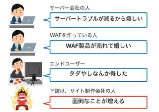 サーバー会社の人
WAFを作っている人
エンドユーザー
サーバートラブルが減るから嬉しい
WAF製品が売れて嬉しい
タダやしなんか得した
下請け、サイト制作会社の人
面倒なことが増える
 
