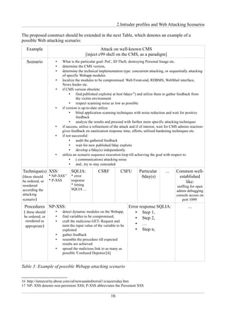 2.Intruder profiles and Web Attacking Scenarios

The proposed construct should be extended in the next Table, which denotes an example of a
possible Web attacking scenario:
   Example                                          Attack on well-known CMS
                                           [inject c99 shell on the CMS, as a paradigm]
   Scenario          •      What is the particular goal: PoC, ID Theft, destroying Personal Image etc.
                     •      determine the CMS version,
                     •      determine the technical implementation type: concurrent attacking, or sequentially attacking
                            of specific Webapp modules
                     •      localize the modules to be compromised: Web Front-end, RDBMS, WebMail interface,
                            News feeder etc.
                     •      if CMS version obsolete:
                                 • find published exploits( at best 0days16) and utilize them to gather feedback from
                                      the victim environment
                                 • respect scanning noise as low as possible
                     •      if version is up-to-date utilize:
                                 • blind application scanning techniques with noise reduction and wait for positive
                                      feedback
                                 • analyze the results and proceed with further more specific attacking techniques
                     •      if success, utilize a refinement of the attack and if of interest, wait for CMS admins reaction-
                            gives feedback on sanitization response time, efforts, utilized hardening techniques etc.
                     •      if not successful:
                                 • audit the gathered feedback
                                 • wait for new published 0day exploits
                                 • develop a 0day(s) independently
                     •      utilize an scenario sequence execution loop till achieving the goal with respect to:
                                 • ( communication) attacking noise
                                 • and...try to stay concealed
Technique(s) XSS:        SQLIA:                     CSRF            CSFU        Particular        ...    Common well-
(these should * NP-XSS17 * error                                                 0day(s)                  established
be ordered, or    * P-XSS         response                                                                    like:
reordered                         * timing                                                               sniffing for open
according the                     SQLIA ...                                                              admin debugging
attacking                                                                                                console access on
scenario)                                                                                                   port 1099
 Procedures NP-XSS:                                                     Error response SQLIA:                    ...
 ( these should • detect dynamic modules on the Webapp,                    • Step 1,
 be ordered, or      •      find variables to be compromised,              • Step 2,
  reordered as       •      craft the malicious GET- Request and
  appropriate)              taint the input value of the variable to be    • …
                            exploited                                      • Step n;
                     •      gather feedback
                     •      resemble the procedure till expected
                            results are achieved
                     •      spread the malicious link to as many as
                            possible 'Confused Deputies'[4]


Table 3: Example of possible Webapp attacking scenario


16 http://netsecurity.about.com/od/newsandeditorial1/a/aazeroday.htm
17 NP- XSS denotes non-persistent XSS; P-XSS abbreviates the Persistent XSS

                                                             16
 