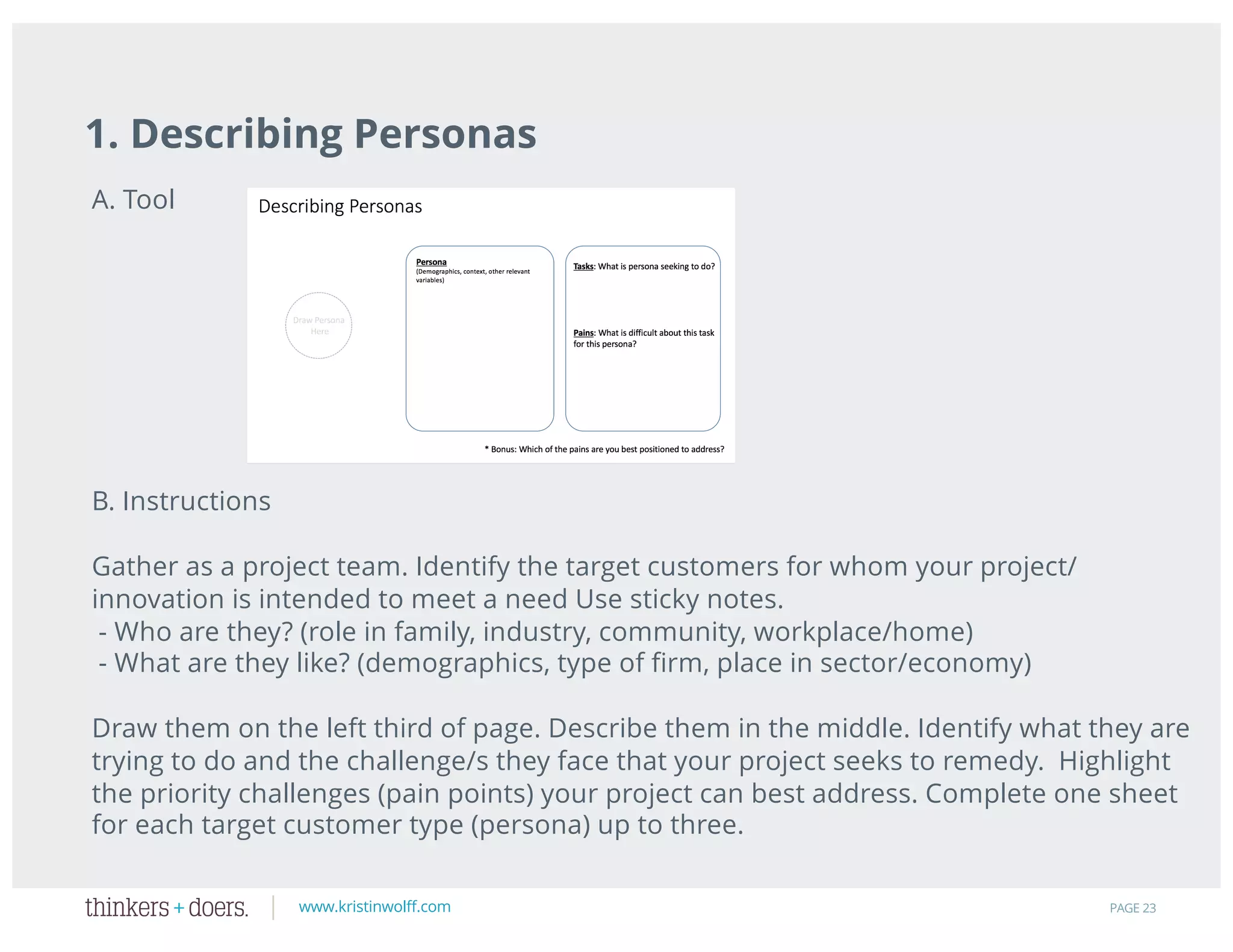 www.kristinwolff.com
1. Describing Personas
PAGE 23
A. Tool
B. Instructions
Gather as a project team. Identify the target customers for whom your project/
innovation is intended to meet a need Use sticky notes.
- Who are they? (role in family, industry, community, workplace/home)
- What are they like? (demographics, type of firm, place in sector/economy)
Draw them on the left third of page. Describe them in the middle. Identify what they are
trying to do and the challenge/s they face that your project seeks to remedy. Highlight
the priority challenges (pain points) your project can best address. Complete one sheet
for each target customer type (persona) up to three.
 