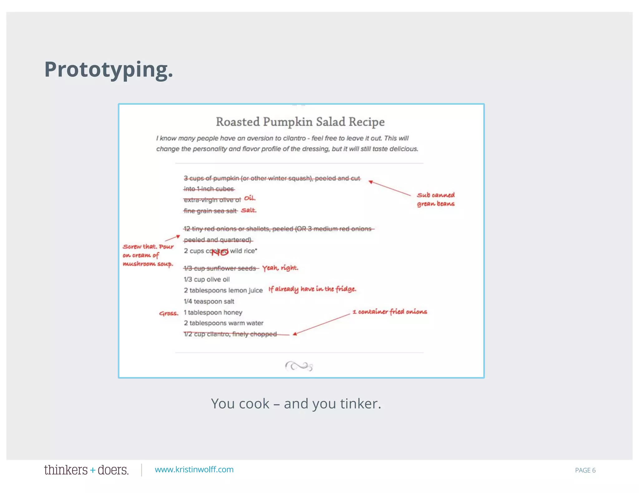 www.kristinwolff.com PAGE 6
Prototyping.
You dress (most days anyway…).
You paint (right?).
You cook – and you tinker.
 