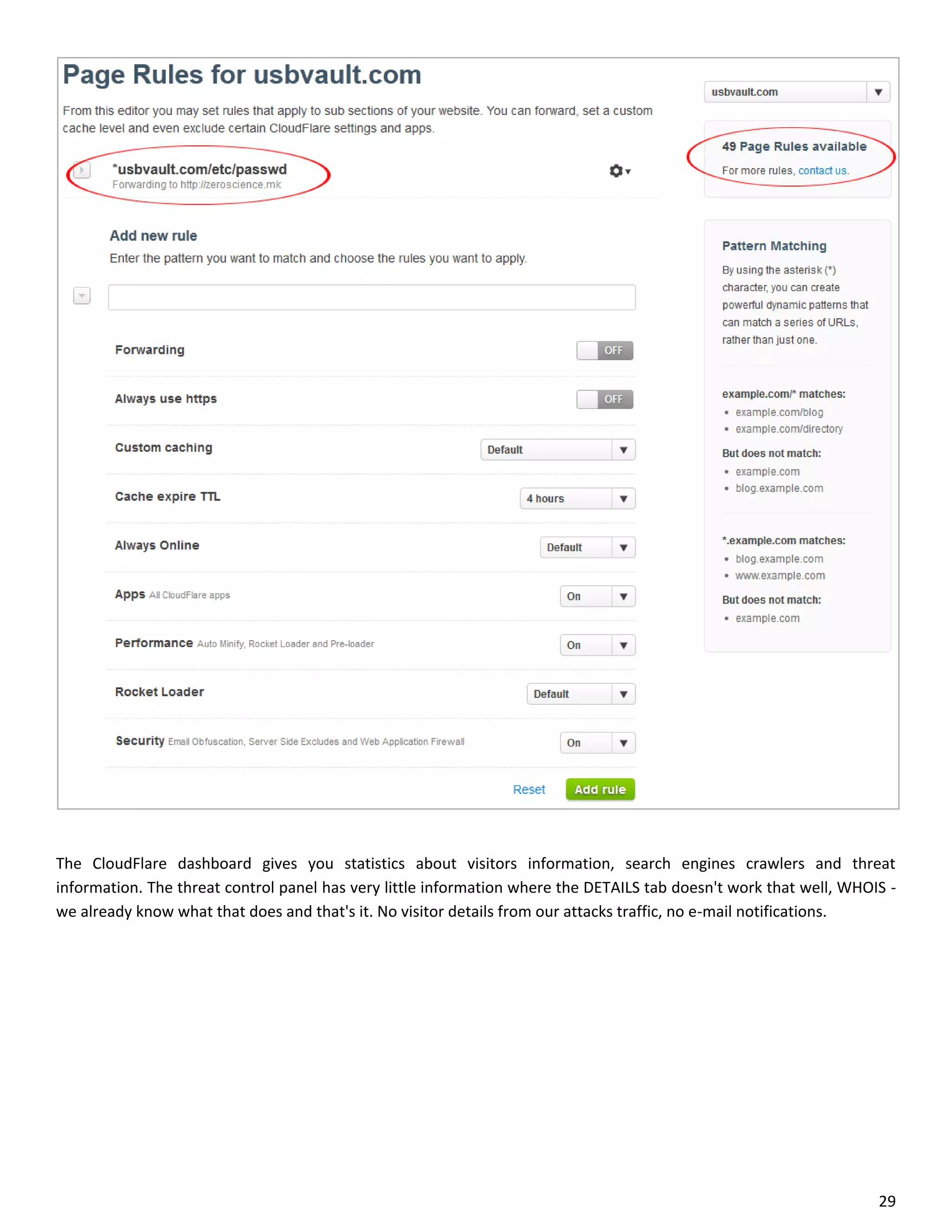 The CloudFlare dashboard gives you statistics about visitors information, search engines crawlers and threat
information. The threat control panel has very little information where the DETAILS tab doesn't work that well, WHOIS -
we already know what that does and that's it. No visitor details from our attacks traffic, no e-mail notifications.




                                                                                                                    29
 