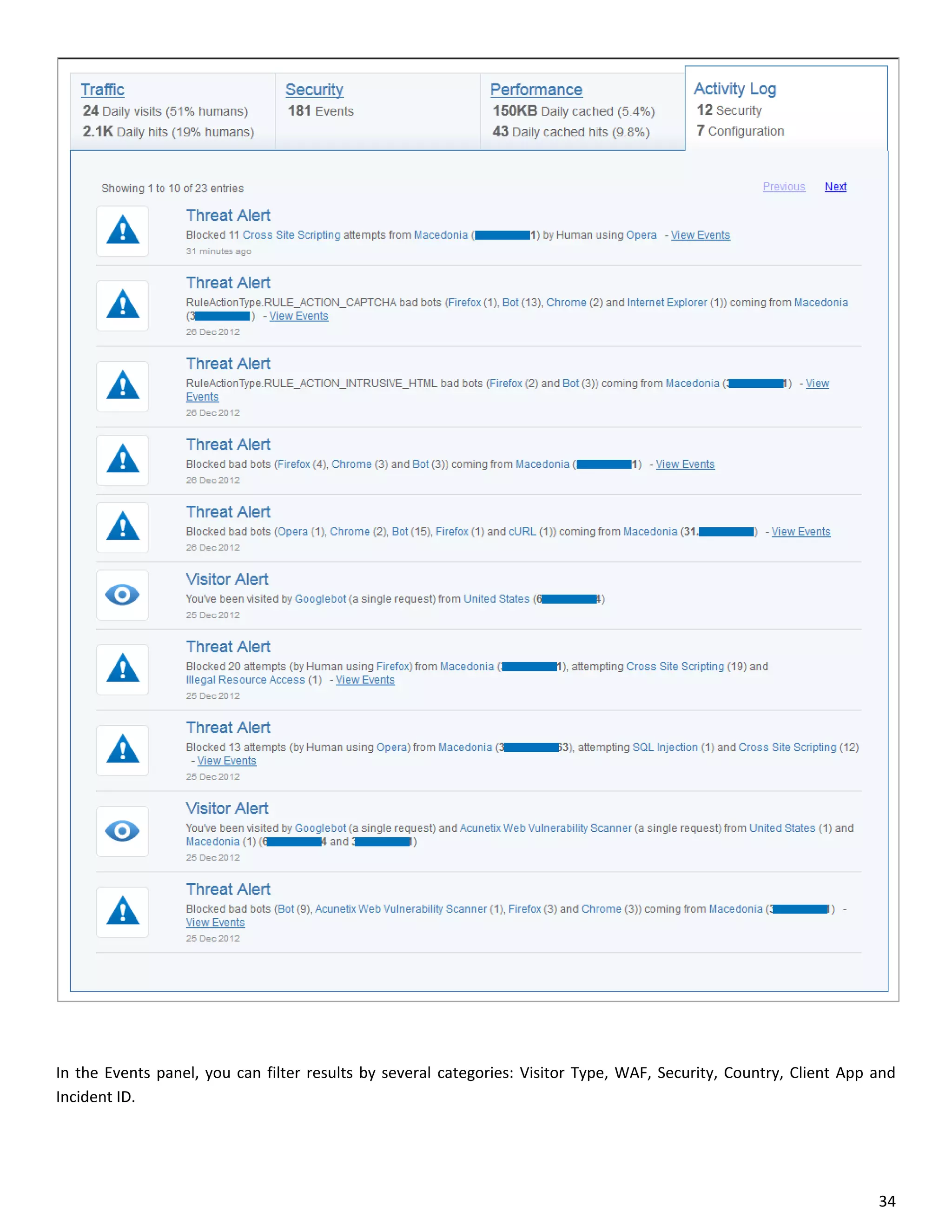 In the Events panel, you can filter results by several categories: Visitor Type, WAF, Security, Country, Client App and
Incident ID.




                                                                                                                    34
 