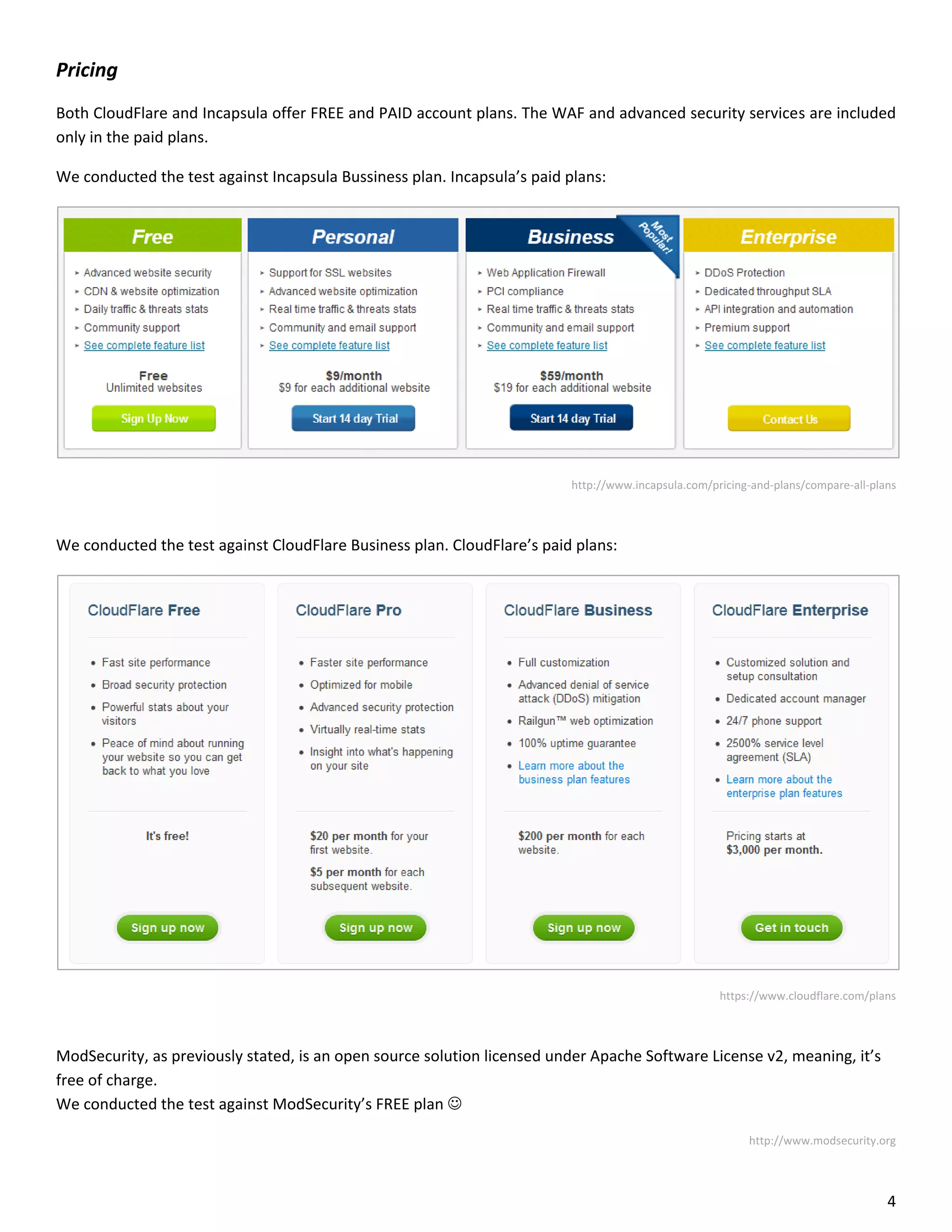 Pricing
Both CloudFlare and Incapsula offer FREE and PAID account plans. The WAF and advanced security services are included
only in the paid plans.

We conducted the test against Incapsula Bussiness plan. Incapsula’s paid plans:




                                                                          http://www.incapsula.com/pricing-and-plans/compare-all-plans



We conducted the test against CloudFlare Business plan. CloudFlare’s paid plans:




                                                                                                     https://www.cloudflare.com/plans



ModSecurity, as previously stated, is an open source solution licensed under Apache Software License v2, meaning, it’s
free of charge.
We conducted the test against ModSecurity’s FREE plan 

                                                                                                          http://www.modsecurity.org




                                                                                                                                    4
 