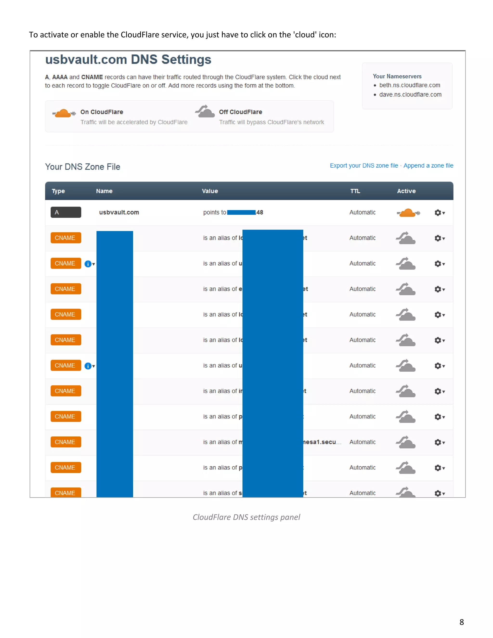 To activate or enable the CloudFlare service, you just have to click on the 'cloud' icon:




                                               CloudFlare DNS settings panel




                                                                                            8
 