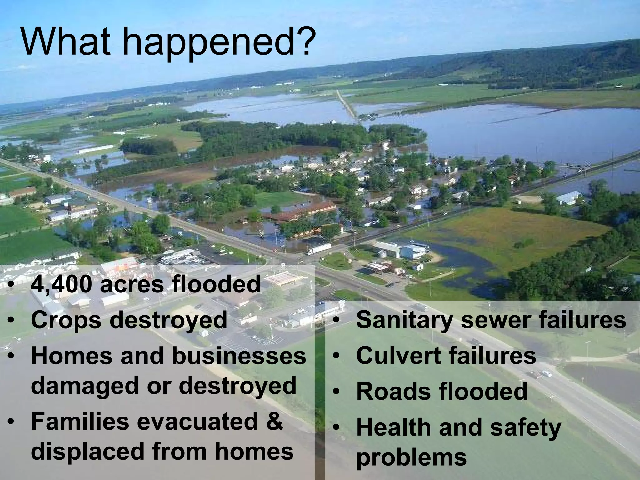 What happened?




• 4,400 acres flooded
• Crops destroyed        •   Sanitary sewer failures
• Homes and businesses   •   Culvert failures
  damaged or destroyed   •   Roads flooded
• Families evacuated &   •   Health and safety
  displaced from homes       problems
 