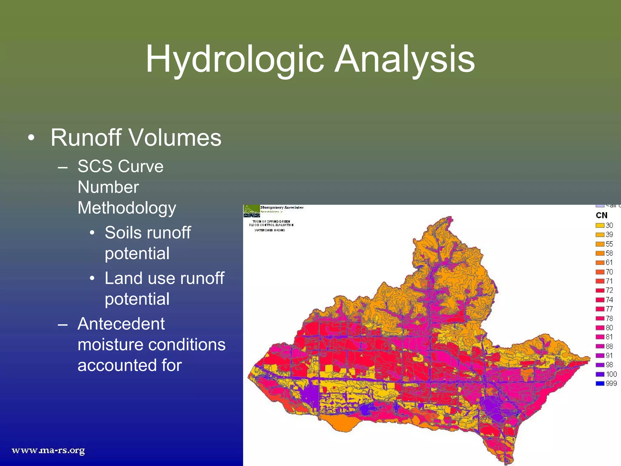 Hydrologic Analysis
• Runoff Volumes
  – SCS Curve
    Number
    Methodology
     • Soils runoff
       potential
     • Land use runoff
       potential
  – Antecedent
    moisture conditions
    accounted for
 