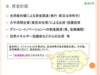 ８．資金計画	

Ø  先用後利債による資金調達（発行：県又は市町村）	

Ø  大手民間企業（東京本社等）による出資・設備投資	

Ø  グリーン・イノベーションへの制度融資（県、金融機関）	

Ø  自然エネルギー協議会などからの出資 等	


 基本的に、イニシャルコスト部分は、自治体等がある程度出資し、その後、
 活用実績に応じて、資金回収していく。	
                      ＜おまけ＞
 → 「先用後利」のビジネスモデル	
   越中売薬が全国に配置薬を
                      したように、新エネルギー版
                      先用後利で、マイクロ水力発
                      電機を全国の農業用水に設
                      置して、使用分だけ後で料
                      金徴収なんてことも！	
 