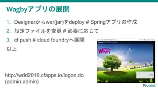 Wagbyアプリの展開
1. Designerからwar(jar)をdeploy # Springアプリの作成
2. 設定ファイルを変更 # 必要に応じて
3. cf push # cloud foundryへ展開
以上
http://wdd2016.cfapps.io/logon.do
(admin:admin)
 