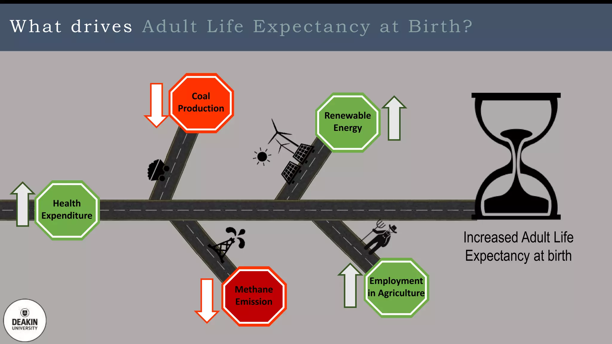 Health
Expenditure
Coal
Production
Methane
Emission
Renewable
Energy
Employment
in Agriculture
What drives Adult Life Expectancy at Birth?
Increased Adult Life
Expectancy at birth
 