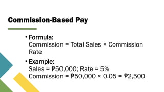 Commission-Based Pay
• Formula:
Commission = Total Sales × Commission
Rate
• Example:
Sales = 50,000; Rate = 5%
₱
Commission = 50,000 × 0.05 = 2,500
₱ ₱
 