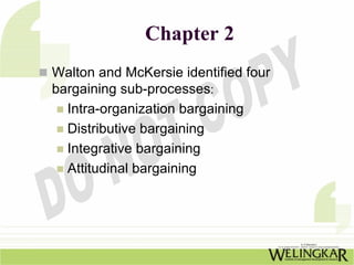 Chapter 2
Walton and McKersie identified four
bargaining sub-processes:
  Intra-organization bargaining
  Distributive bargaining
  Integrative bargaining
  Attitudinal bargaining
 