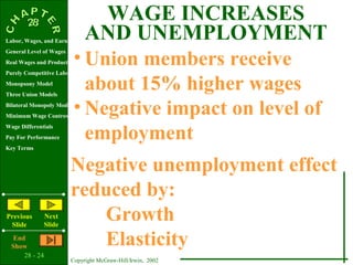 WAGE INCREASES
Labor, Wages, and Earnings
                           AND UNEMPLOYMENT
                         • Union members receive
General Level of Wages
Real Wages and Productivity
Purely Competitive Labor Market
Monopsony Model
Three Union Models
                           about 15% higher wages
Bilateral Monopoly Model
Minimum Wage Controversy
                         • Negative impact on level of
                           employment
Wage Differentials
Pay For Performance
Key Terms


                         Negative unemployment effect
                         reduced by:
Previous
 Slide
                Next
                Slide
                             Growth
   End
  Show                       Elasticity
      28 - 24
                         Copyright McGraw-Hill/Irwin, 2002
 