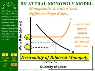 BILATERAL MONOPOLY MODEL
Labor, Wages, and Earnings
                                                Monopsonist & Union Seek
General Level of Wages                          Different Wage Rates...
Real Wages and Productivity
Purely Competitive Labor Market                                             S
Monopsony Model
                         Wage Rate (dollars)
Three Union Models                                                              …economic
Bilateral Monopoly Model
                                                                                  theory
Minimum Wage Controversy
Wage Differentials                                                                cannot
Pay For Performance
Key Terms
                                               Wu                               determine
                                                                                the actual
                                               Wc
                                                                                 outcome.
                                               Wm
                                                                                D

Previous
 Slide
                Next
                Slide
                                      Desirability of Bilateral Monopoly
                                                               Qu=Qm Qc
   End
  Show
      28 - 26
                                                        Quantity of Labor
                           Copyright McGraw-Hill/Irwin, 2002
 