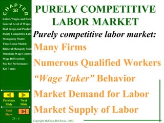 PURELY COMPETITIVE
                             LABOR MARKET
Labor, Wages, and Earnings
General Level of Wages
Real Wages and Productivity

                         Purely competitive labor market:
Purely Competitive Labor Market
Monopsony Model


                           Many Firms
Three Union Models
Bilateral Monopoly Model
Minimum Wage Controversy



                           Numerous Qualified Workers
Wage Differentials
Pay For Performance
Key Terms



                           “Wage Taker” Behavior
Previous        Next
                           Market Demand for Labor
 Slide          Slide
   End
  Show
                           Market Supply of Labor
       28 - 6
                         Copyright McGraw-Hill/Irwin, 2002
 