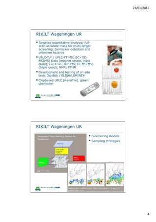 4
Crop
Production
System
Climate effects
Predictive modelling
---
Financial & Social impact; Chemical Analysis (on-site); Sampling Strategies
Mycotoxin
production ecology
New products;
rest materials
Food/Feed
Processing
Human nutrition
Allergies
Wageningen UR - aflatoxins
Milk production
systems
EU & National Reference Laboratory; Capacity Building; Legislation
Toxicology
Human &
Animal
Post Harvest
Losses
Diagnostics
Crop protection
management
 