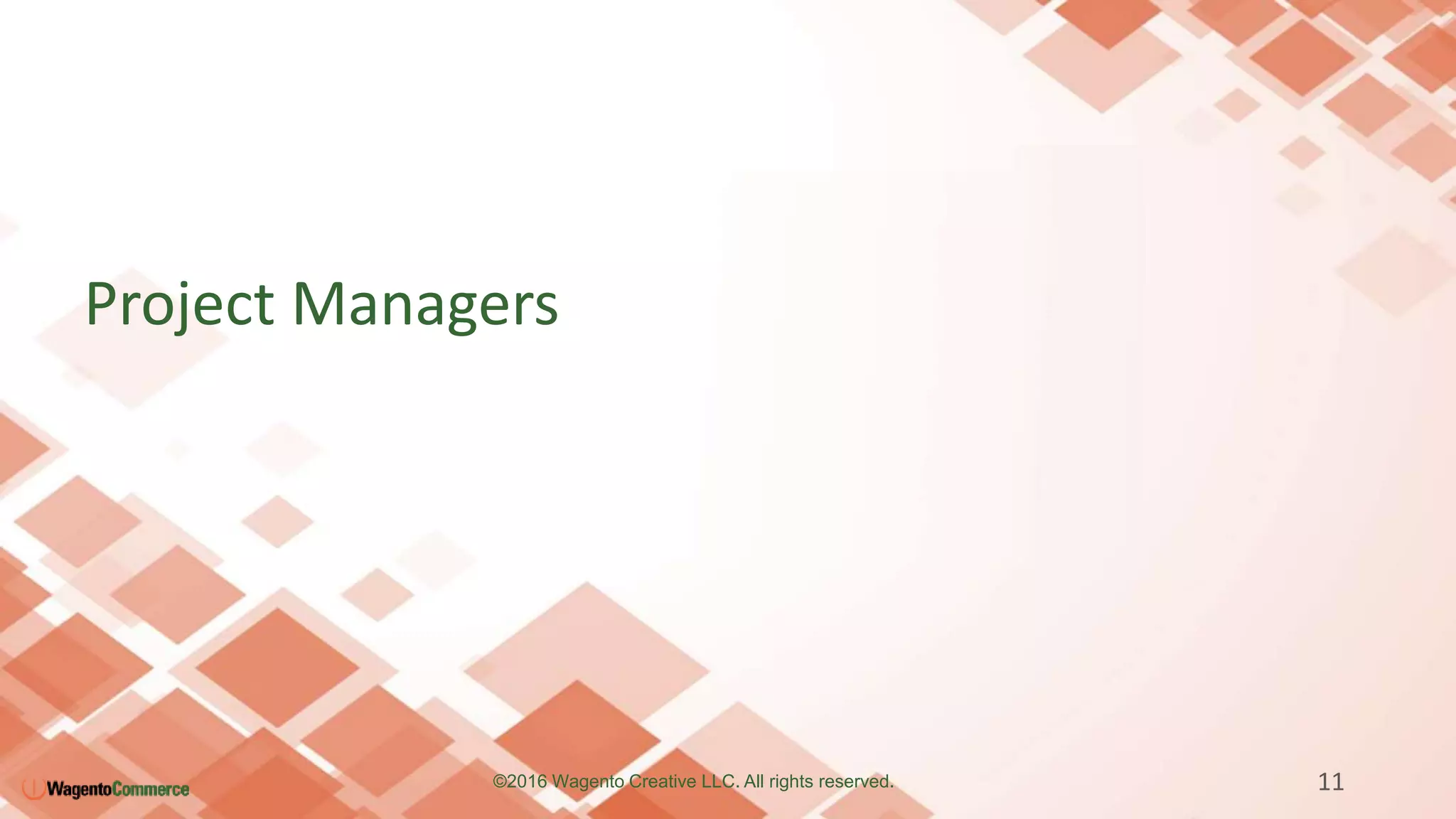 Project Managers
11©2016 Wagento Creative LLC. All rights reserved.
 