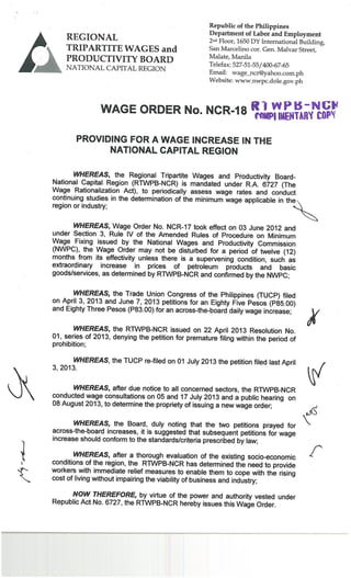 Wage Order No. 18 (National Capital Region)
