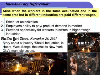 Inter-Industry Differentials Extent of unionization Employers ability to pay/ product demand in market Provides opportunity for workers to switch to higher wage  industries. Arise when the workers in the same occupation and in the same area but in different industries are paid different wages. Story about a foundry ‘ Shakti Industries’  in Haora, West Bengal that makes New York City’s manhole covers.  , November 26, 2007   