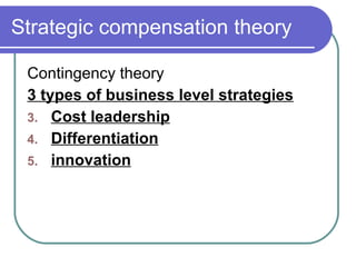 Strategic compensation theory Contingency theory 3 types of business level strategies Cost leadership Differentiation innovation 