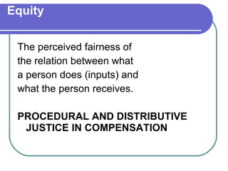 Equity The perceived fairness of the relation between what a person does (inputs) and what the person receives. PROCEDURAL AND DISTRIBUTIVE JUSTICE IN COMPENSATION 