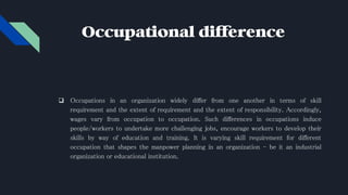 Occupational difference
 Occupations in an organization widely differ from one another in terms of skill
requirement and the extent of requirement and the extent of responsibility. Accordingly,
wages vary from occupation to occupation. Such differences in occupations induce
people/workers to undertake more challenging jobs, encourage workers to develop their
skills by way of education and training. It is varying skill requirement for different
occupation that shapes the manpower planning in an organization - be it an industrial
organization or educational institution.
 