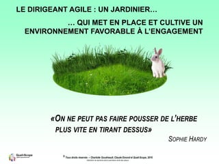 © Tous droits réservés – Charlotte Goudreault, Claude Emond et Quali-Scope, 2019
Interdiction de reproduire sans la permission écrite des auteurs
«ON NE PEUT PAS FAIRE POUSSER DE L’HERBE
PLUS VITE EN TIRANT DESSUS»
SOPHIE HARDY
LE DIRIGEANT AGILE : UN JARDINIER…
… QUI MET EN PLACE ET CULTIVE UN
ENVIRONNEMENT FAVORABLE À L’ENGAGEMENT
 