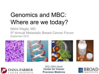 Genomics and MBC:
Where are we today?
Nikhil Wagle, MD
5th Annual Metastatic Breast Cancer Forum
September 2016
DFCI / BWH / Broad
Center for Cancer
Precision Medicine
 