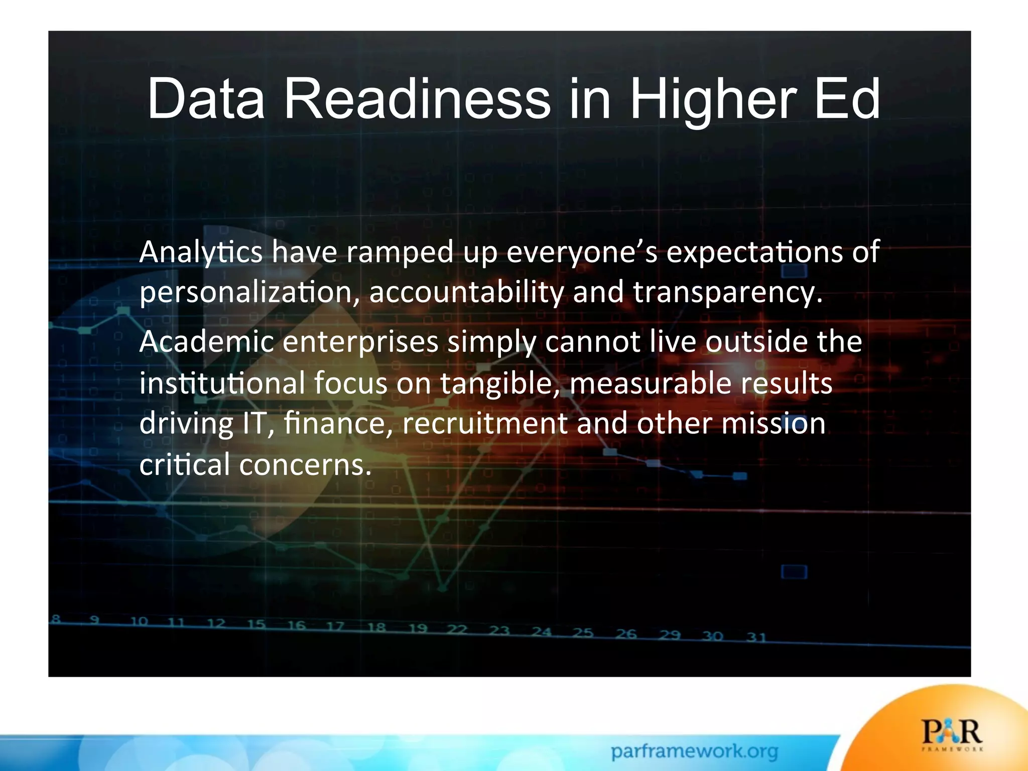 Data Readiness in Higher Ed
Analy*cs	
  have	
  ramped	
  up	
  everyone’s	
  expecta*ons	
  of	
  
personaliza*on,	
  accountability	
  and	
  transparency.	
  
Academic	
  enterprises	
  simply	
  cannot	
  live	
  outside	
  the	
  
ins*tu*onal	
  focus	
  on	
  tangible,	
  measurable	
  results	
  
driving	
  IT,	
  ﬁnance,	
  recruitment	
  and	
  other	
  mission	
  
cri*cal	
  concerns.	
  
 