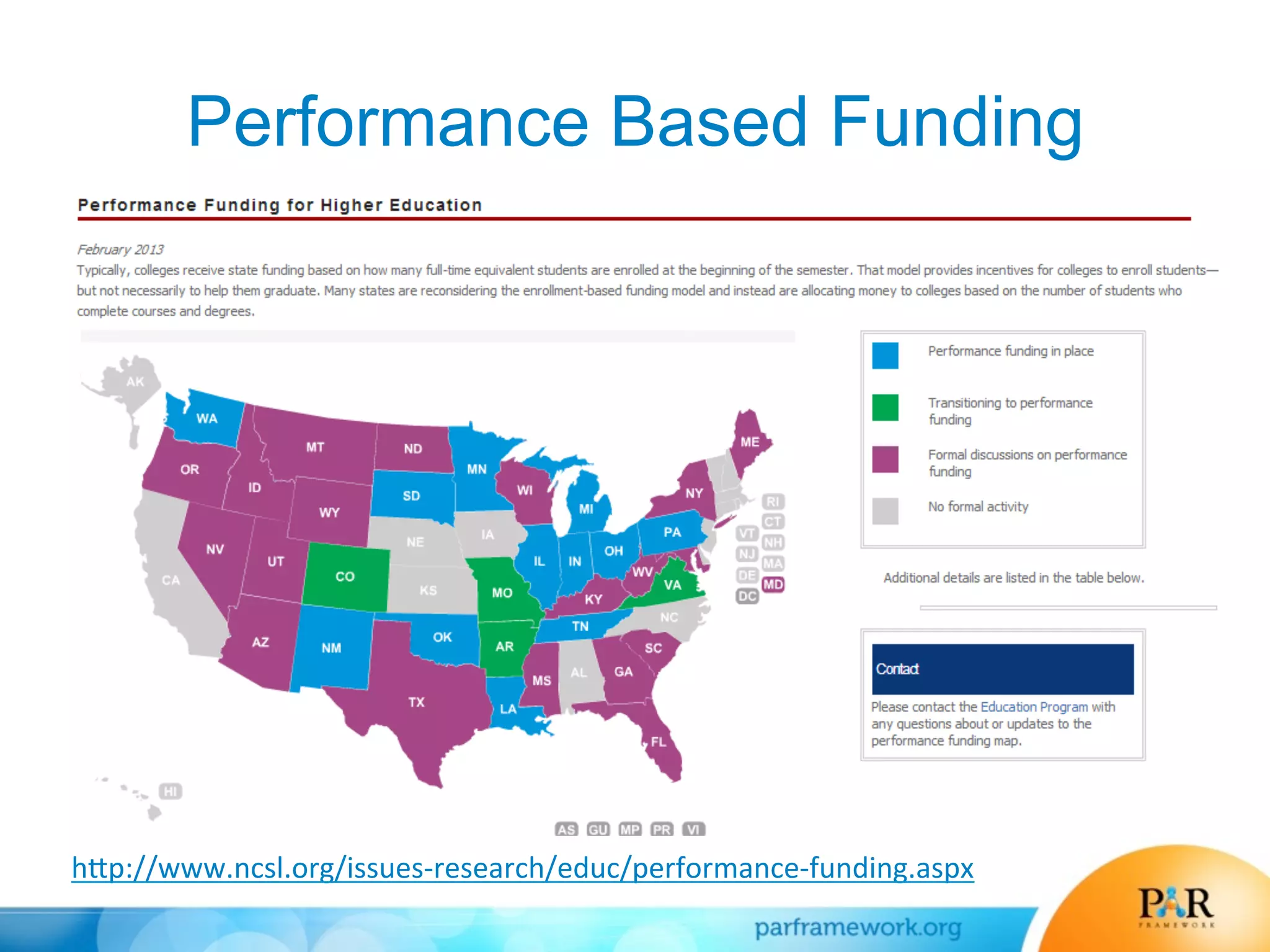 Performance Based Funding
h>p://www.ncsl.org/issues-­‐research/educ/performance-­‐funding.aspx	
  
 