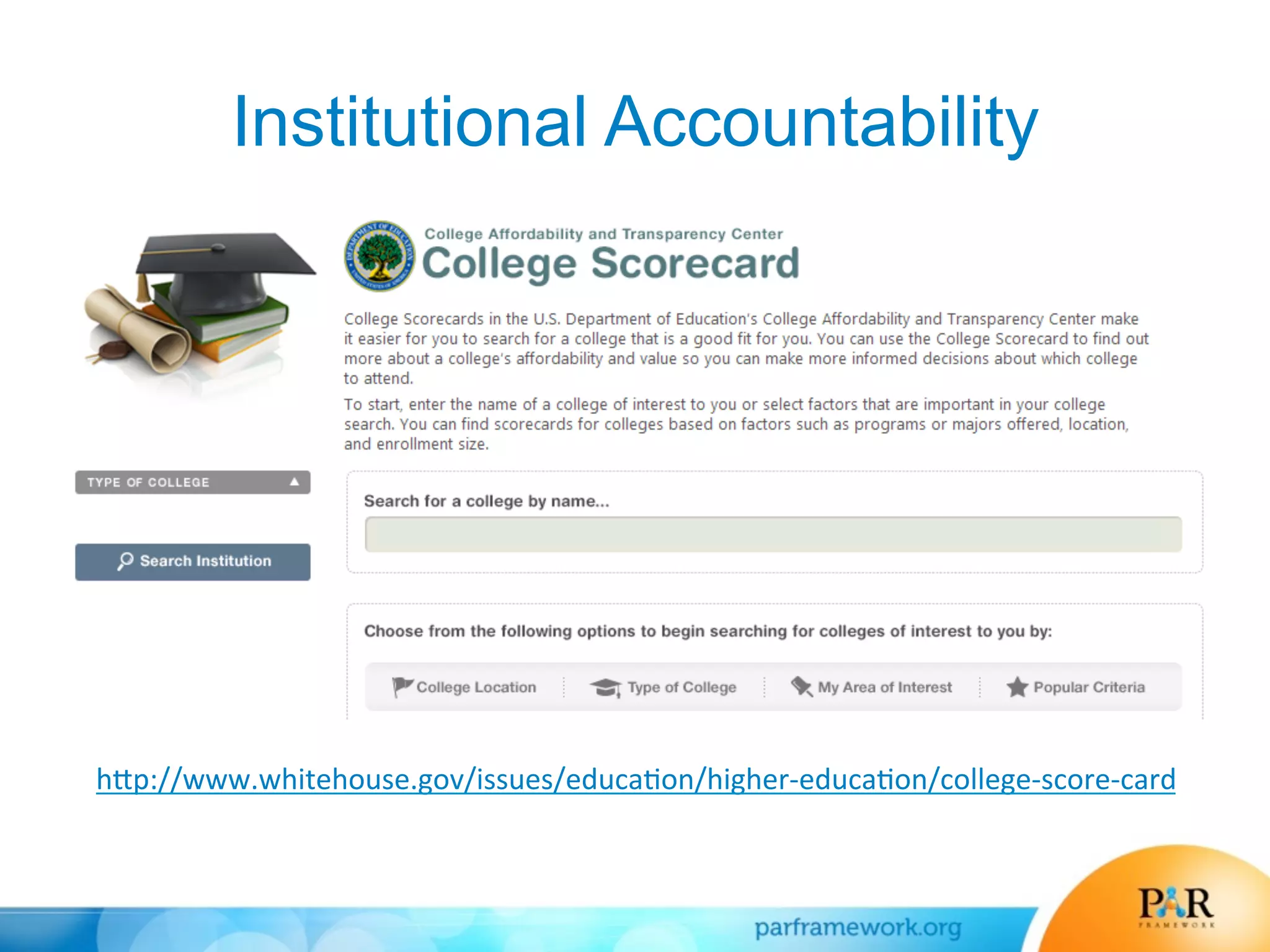 Institutional Accountability
h>p://www.whitehouse.gov/issues/educa*on/higher-­‐educa*on/college-­‐score-­‐card	
  
 
