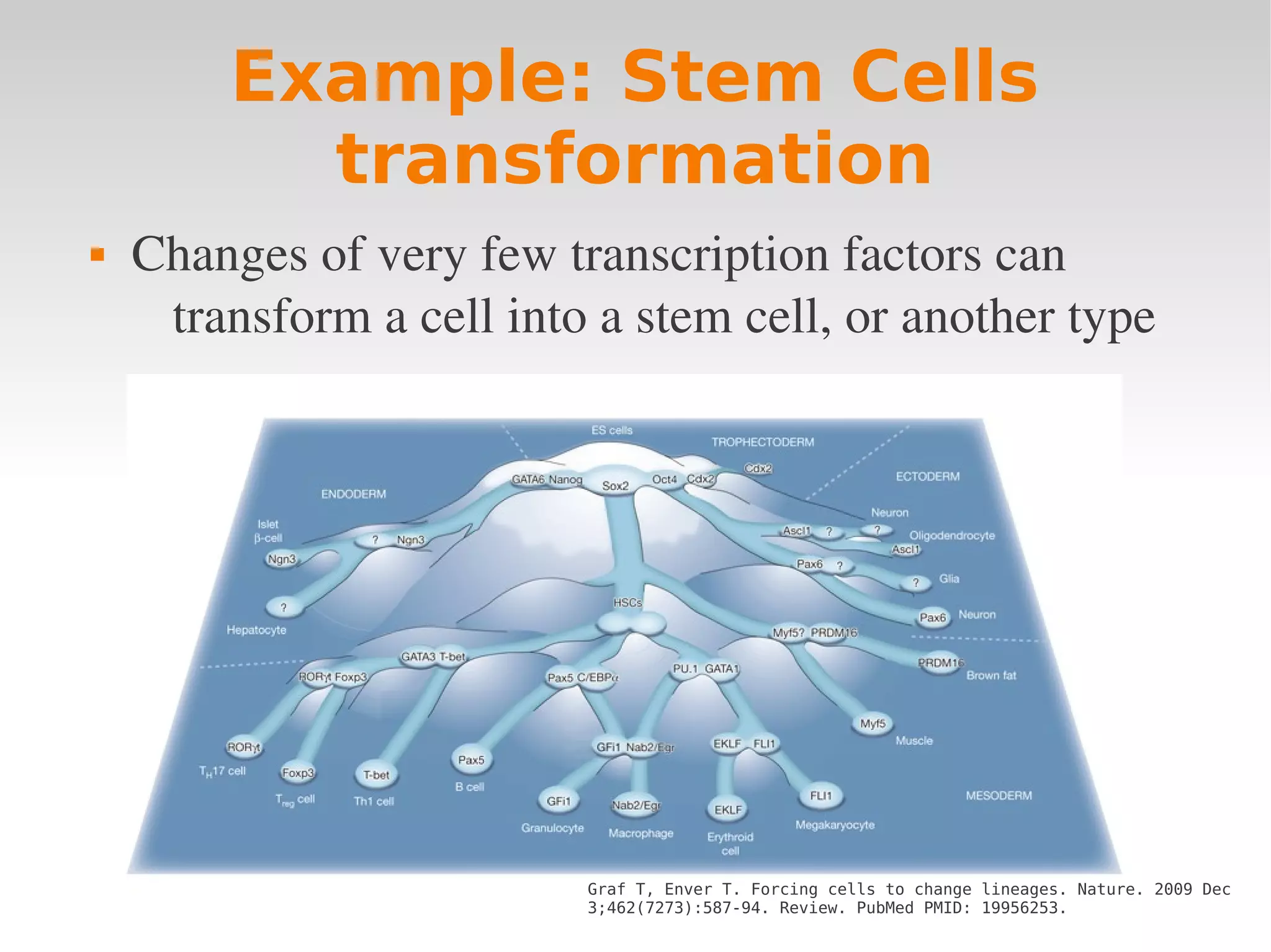 Example: Stem Cells
          transformation
   Changes of very few transcription factors can 
     transform a cell into a stem cell, or another type




                          Graf T, Enver T. Forcing cells to change lineages. Nature. 2009 Dec
                          3;462(7273):587-94. Review. PubMed PMID: 19956253.
 