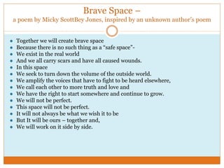 Brave Space –
a poem by Micky ScottBey Jones, inspired by an unknown author’s poem
● Together we will create brave space
● Because there is no such thing as a “safe space”-
● We exist in the real world
● And we all carry scars and have all caused wounds.
● In this space
● We seek to turn down the volume of the outside world.
● We amplify the voices that have to fight to be heard elsewhere,
● We call each other to more truth and love and
● We have the right to start somewhere and continue to grow.
● We will not be perfect.
● This space will not be perfect.
● It will not always be what we wish it to be
● But It will be ours – together and,
● We will work on it side by side.
 